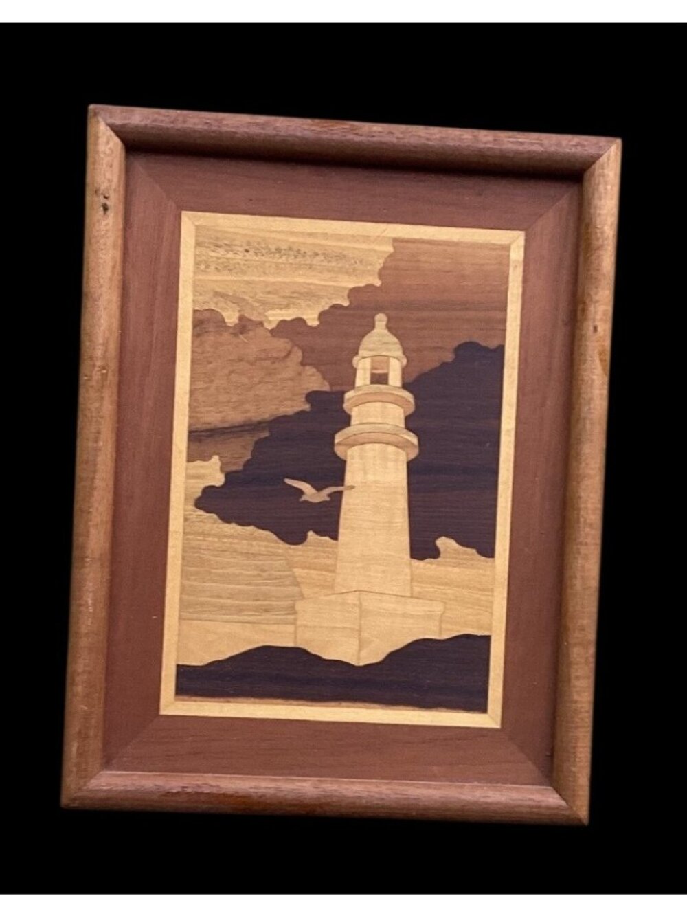 Handcrafted Wooden Marquetry Lighthouse Artwork In Frame Vintage 13" x 10"